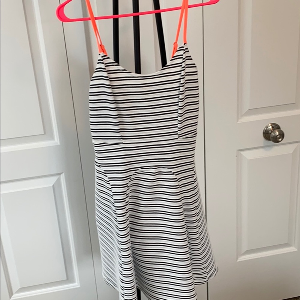 Black and white striped fit and flare dress